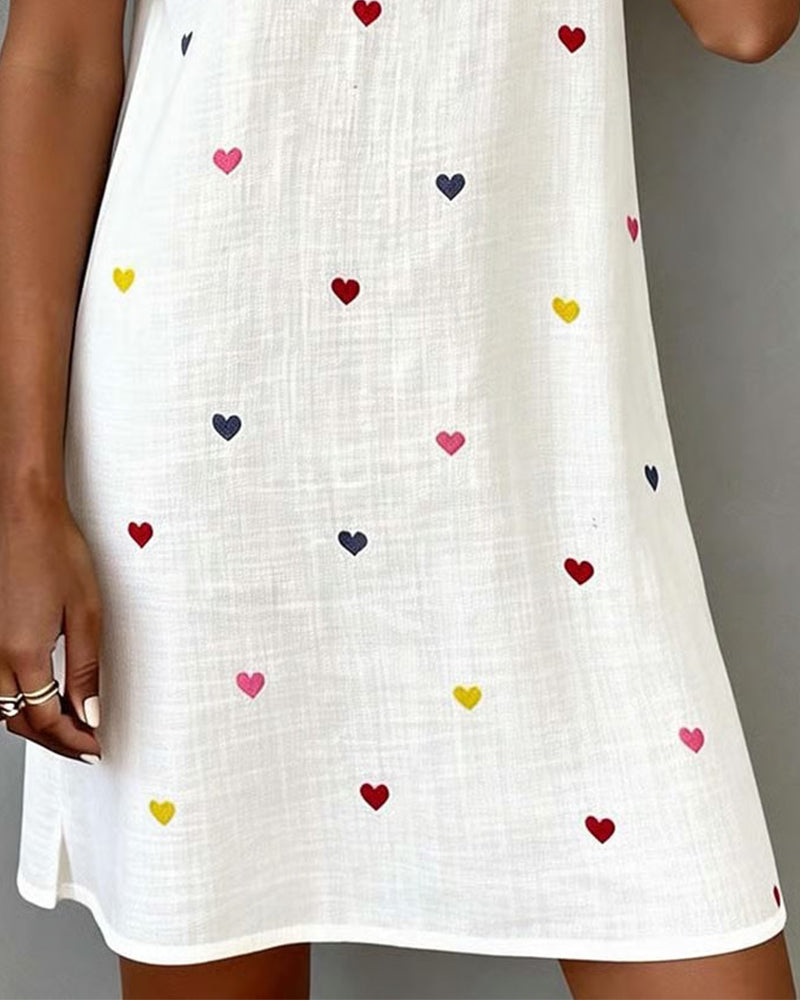 Colorful Heart Print Dress with V-Neck