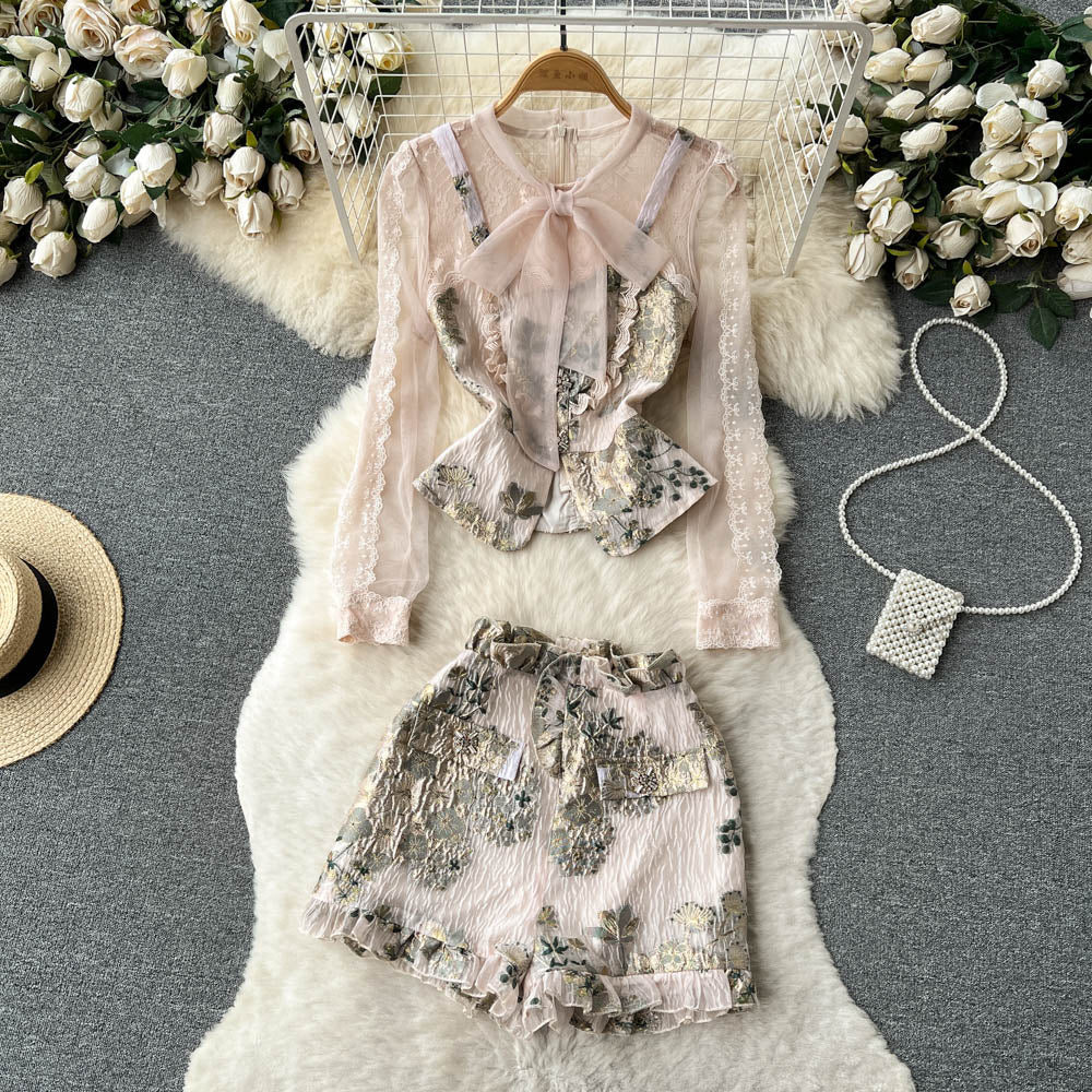 Lace-paneled Shirt&Jacquard Shorts 2Pcs