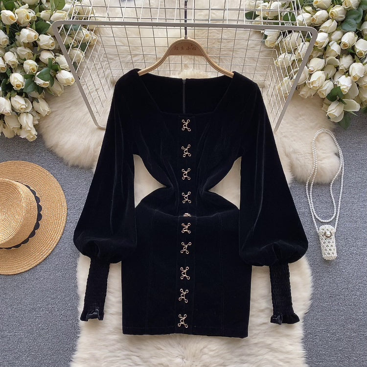 Vintage Square Collar Suede Black Dress