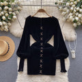 Vintage Square Collar Suede Black Dress
