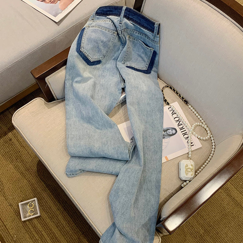 Retro Color-blocking Distressed Straight Jeans