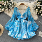 Backless Floral V-neck Puffy Dress