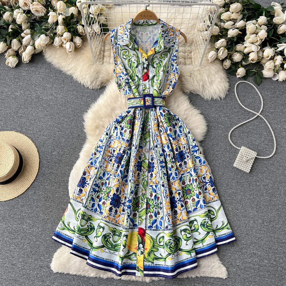 Courtly Lapel Floral Print Dress