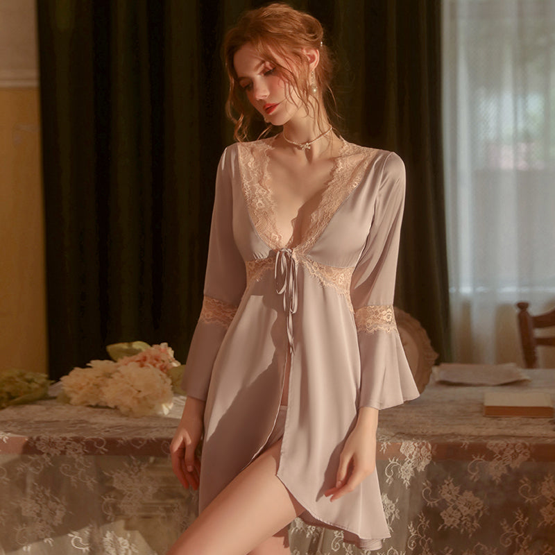 Elegant Lace-up Satin Lace Bathrobe
