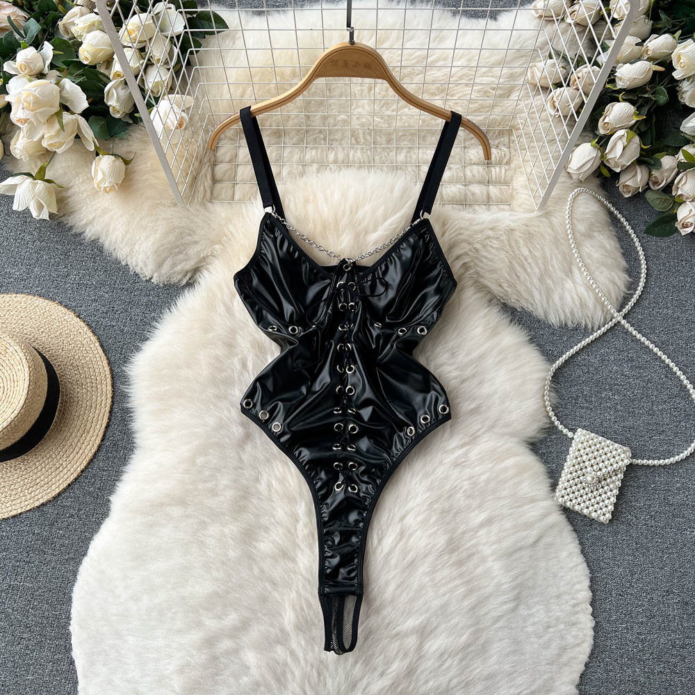 Hollowed PU Leather High-cut Halter Jumpsuit