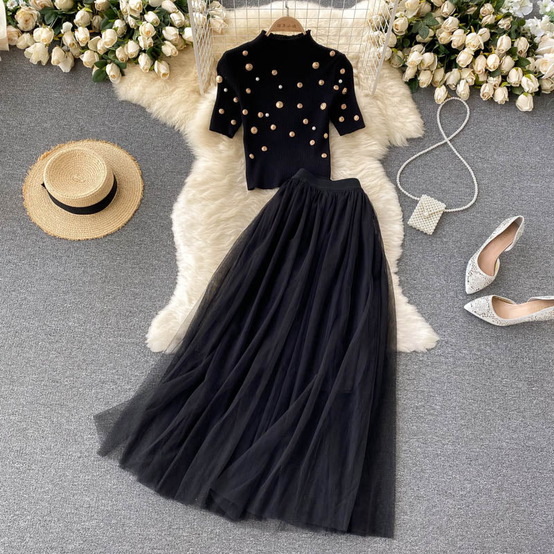 Beaded Knitted Top&Mesh Skirt 2Pcs