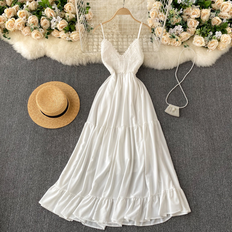 Crochet Knitted Lace-up White Slip Dress