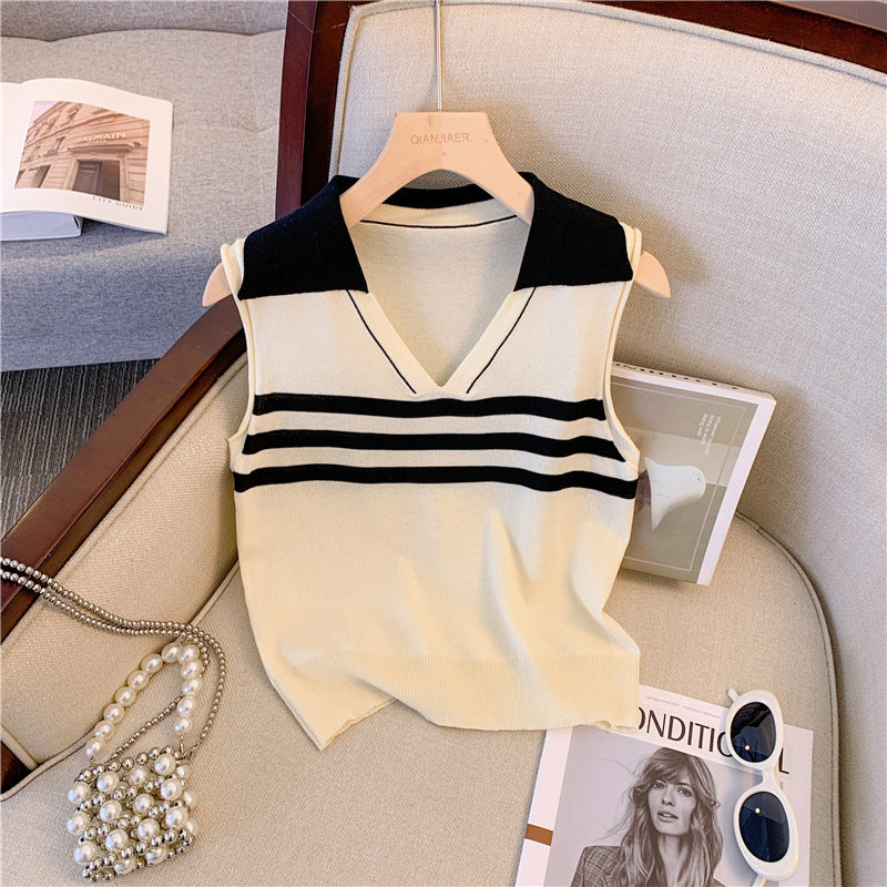 V-neck Lapeled Sleeveless Knitted Top