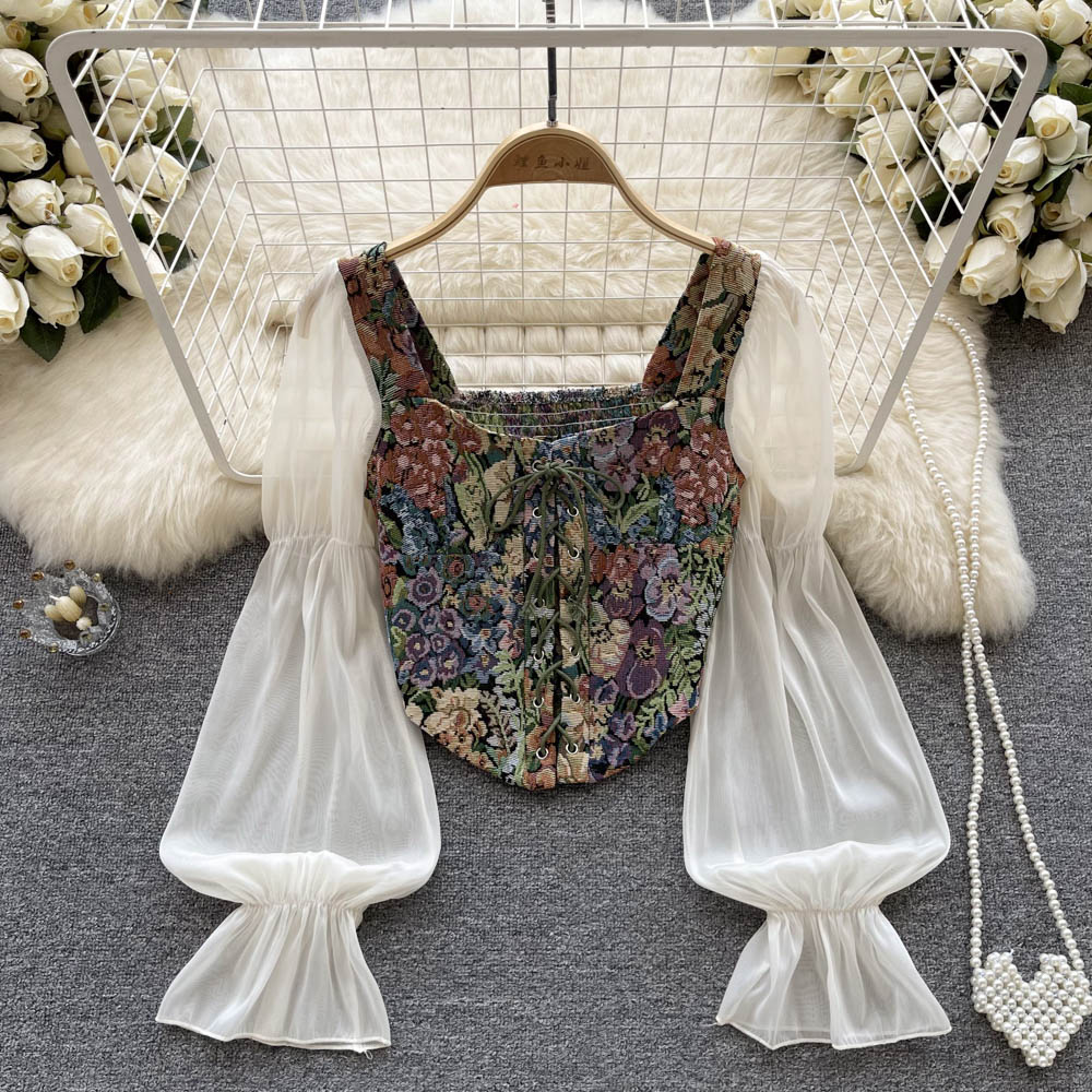 Oil Painting Printed Lace Patchwork Top