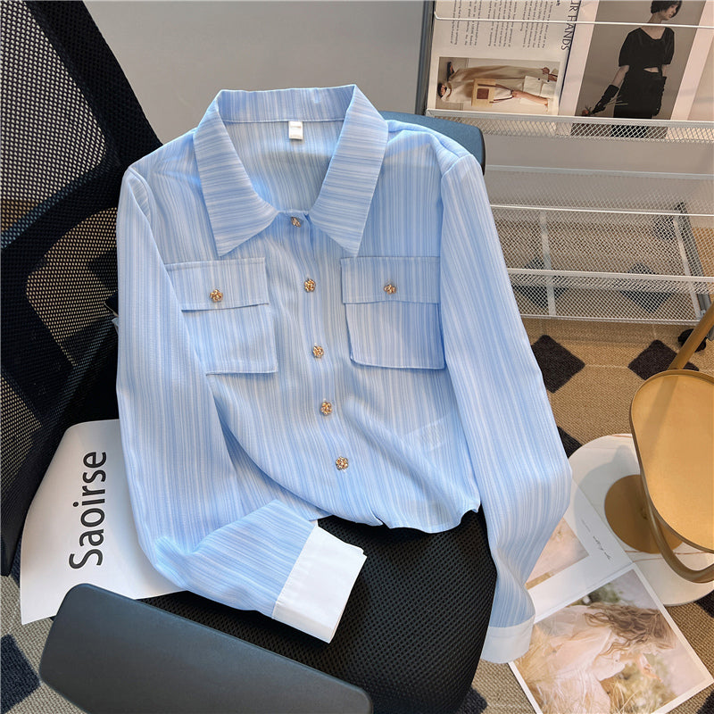 Vintage Lapel Blue Stripe Shirt