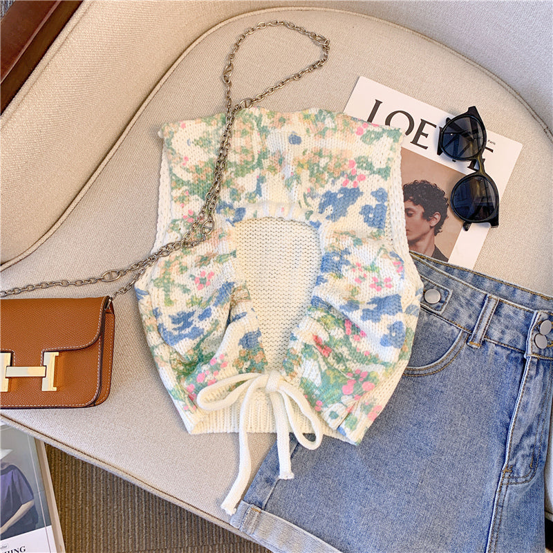 Lace-up Hollowed Floral Knitted Top
