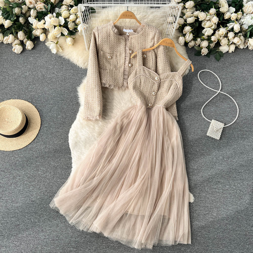 Premium Cardigan&Mesh Dress 2Pcs