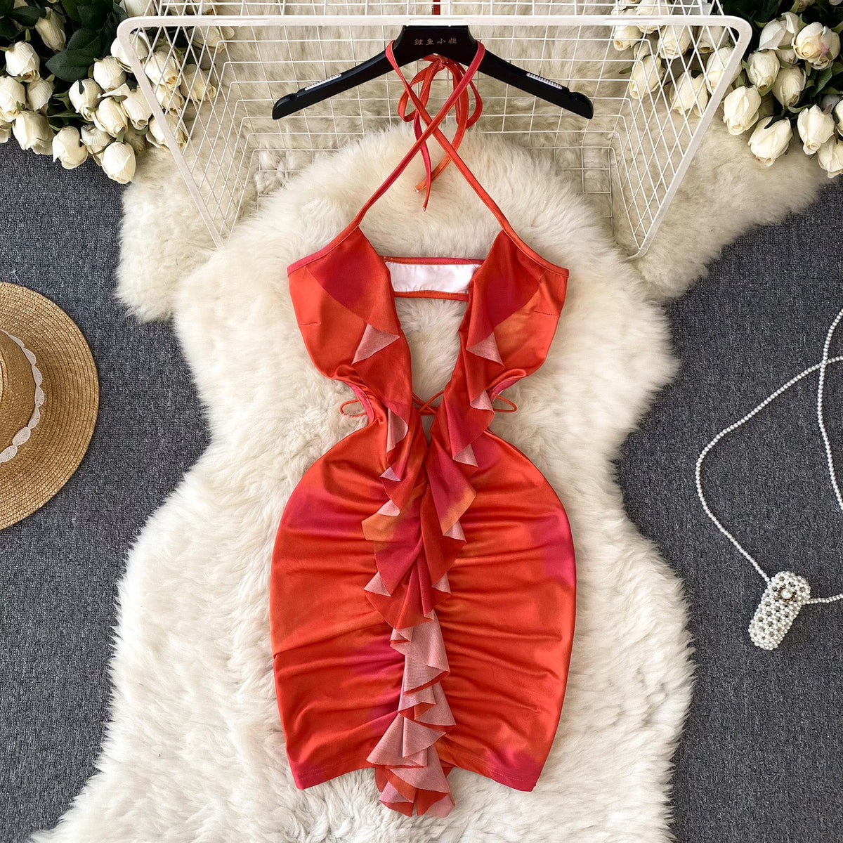 Hollowed Ruffle Backless Halter Dress