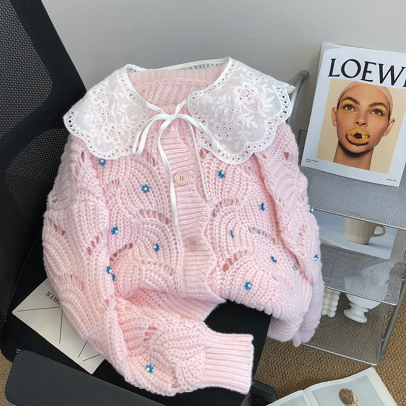 Beaded Floral Hollow Single-breasted Cardigan