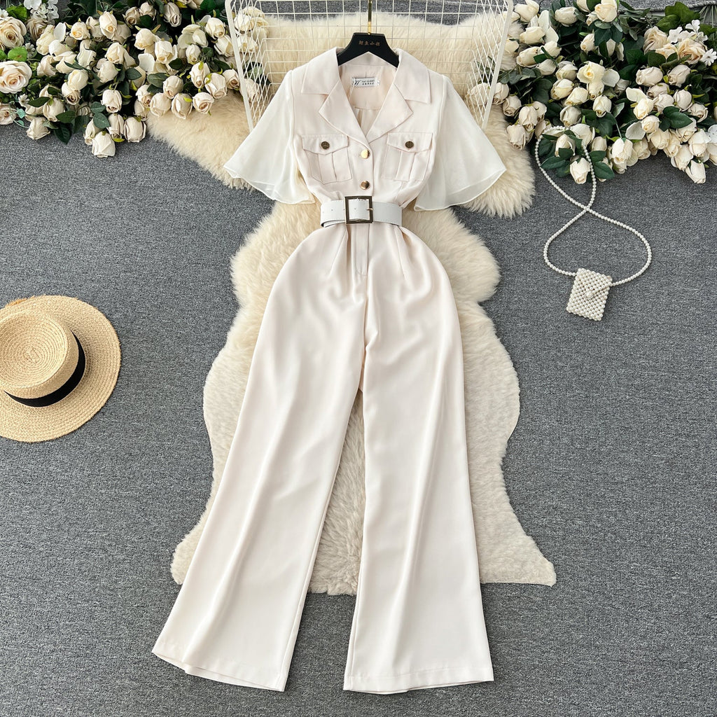 Mesh Patchwork Suit Collar Jumpsuit