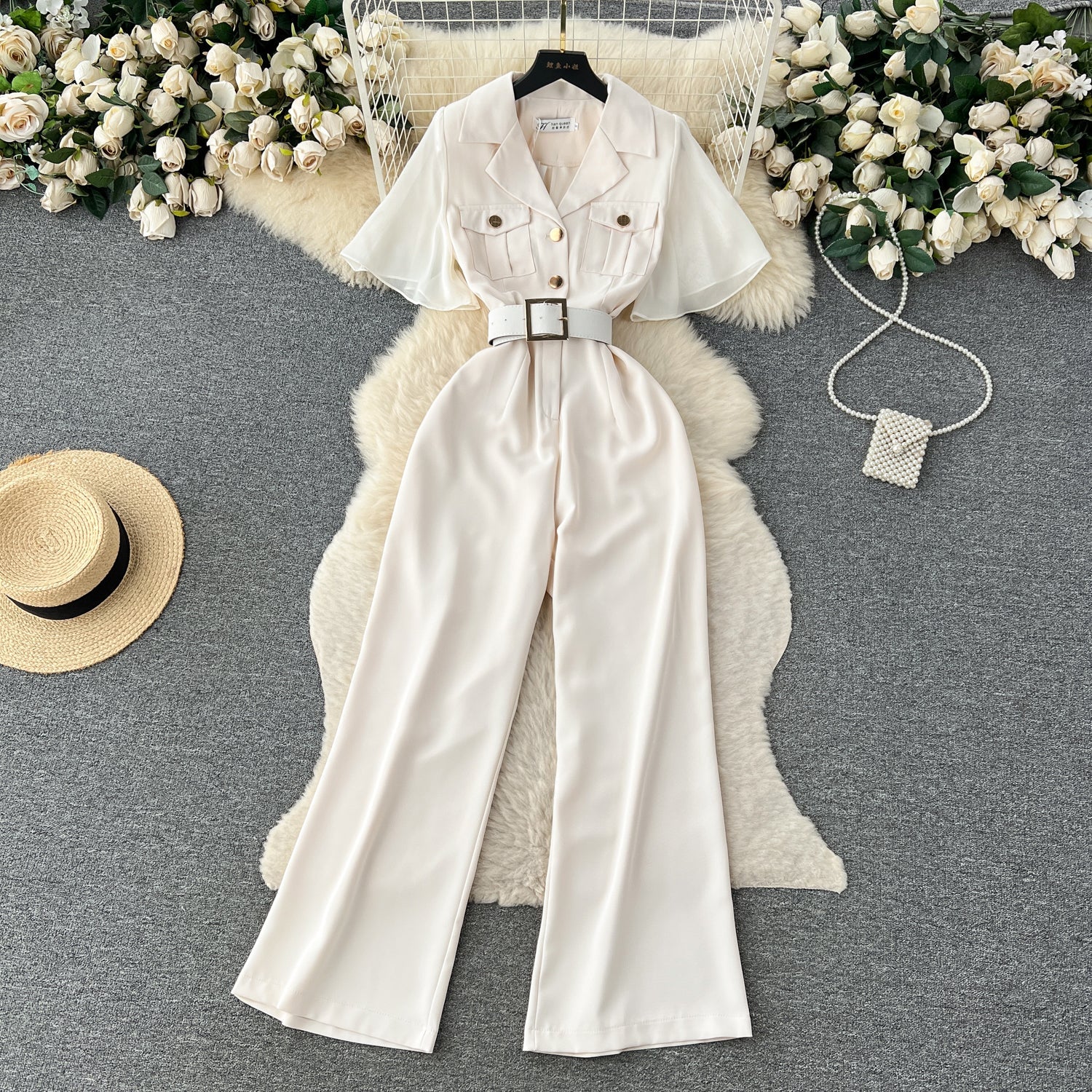 Mesh Patchwork Suit Collar Jumpsuit