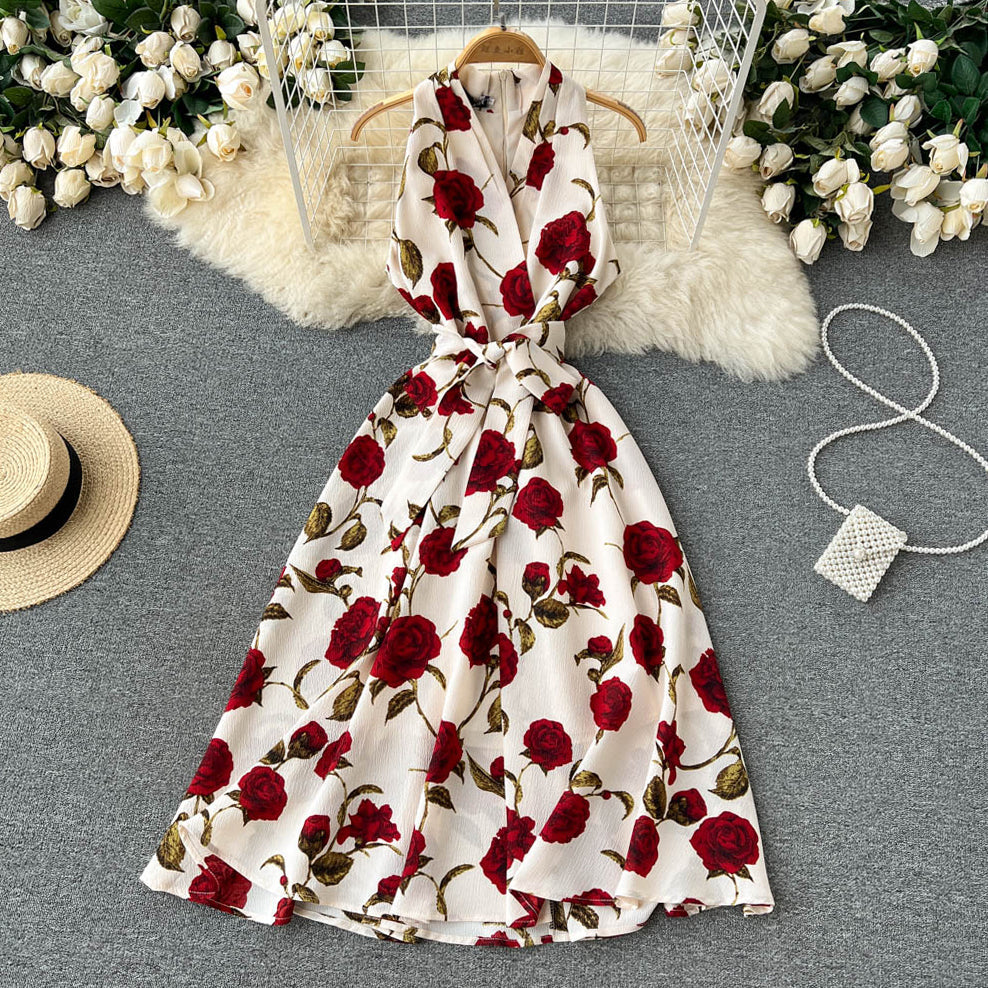 Printed Lace-up Waist-skimming Dress