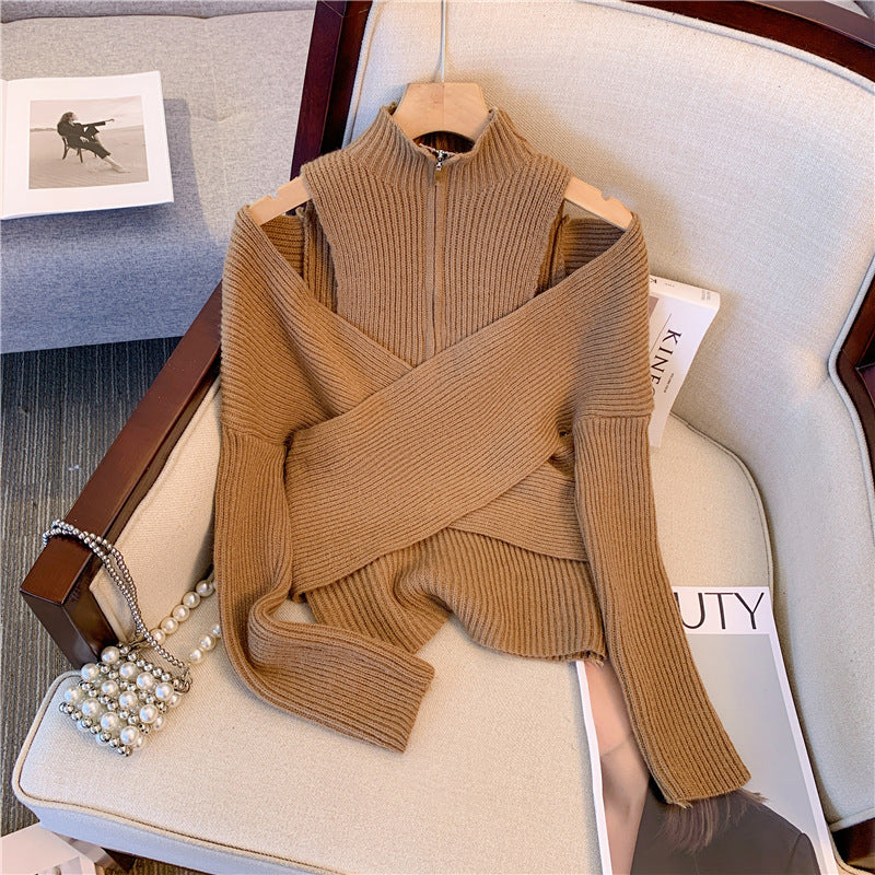 Niche Hollowed Crossover Zipped Knitwear