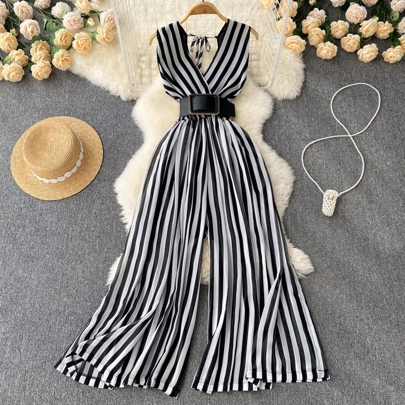 V-neck Chiffon Striped Waist Jumpsuit