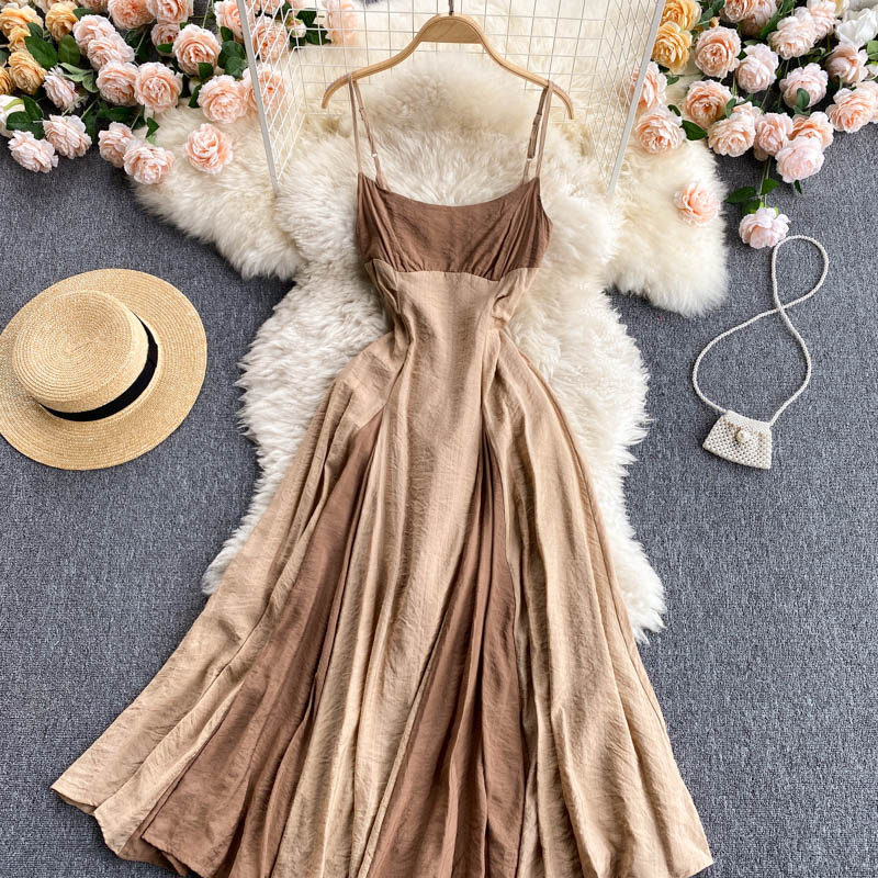 Color Blocking Square Collar Suspender Dress