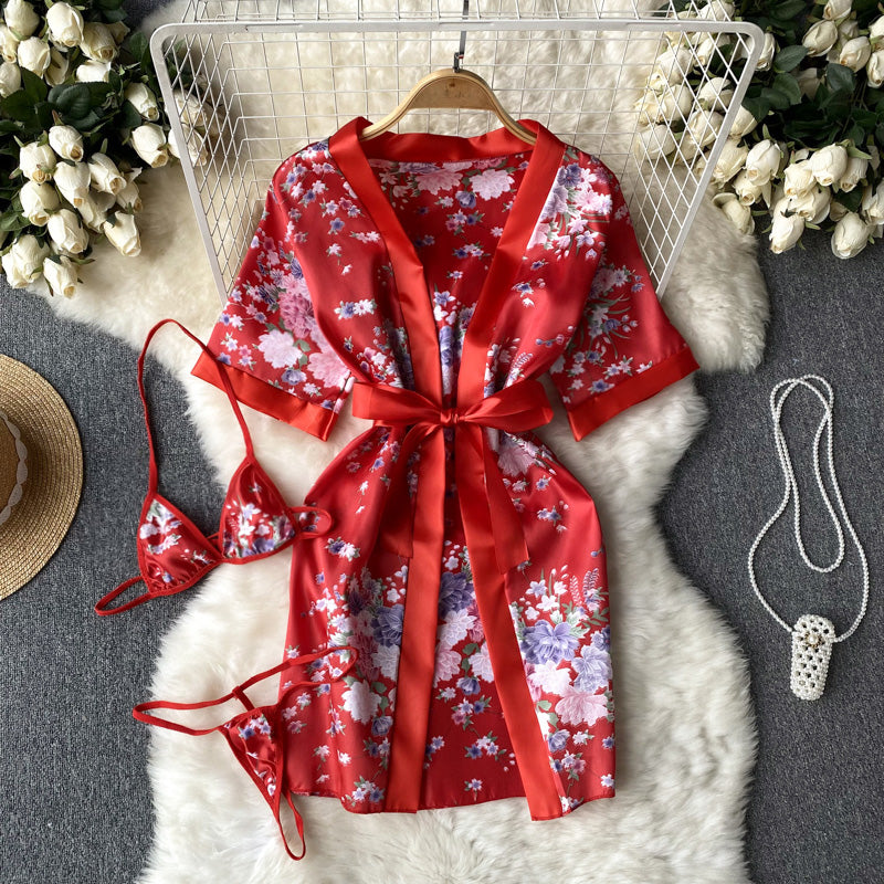 Lace-up Printed Robe Cardigan Dress