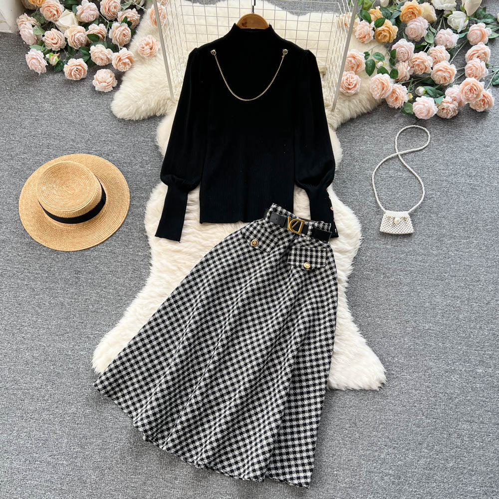 Turtleneck Sweater& Plaid Skirt 2Pcs Set