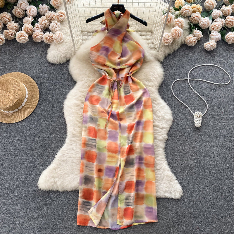 Niche Colorful Plaid Sleeveless Halter Dress