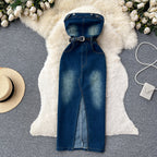 Vintage Strapless Denim Split Dress