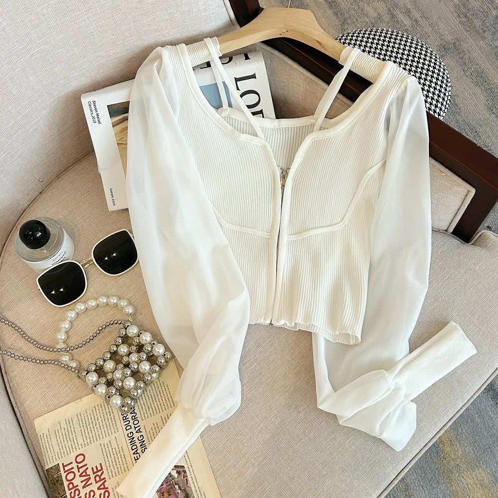 Patchwork Hooded Halter Zipped Top