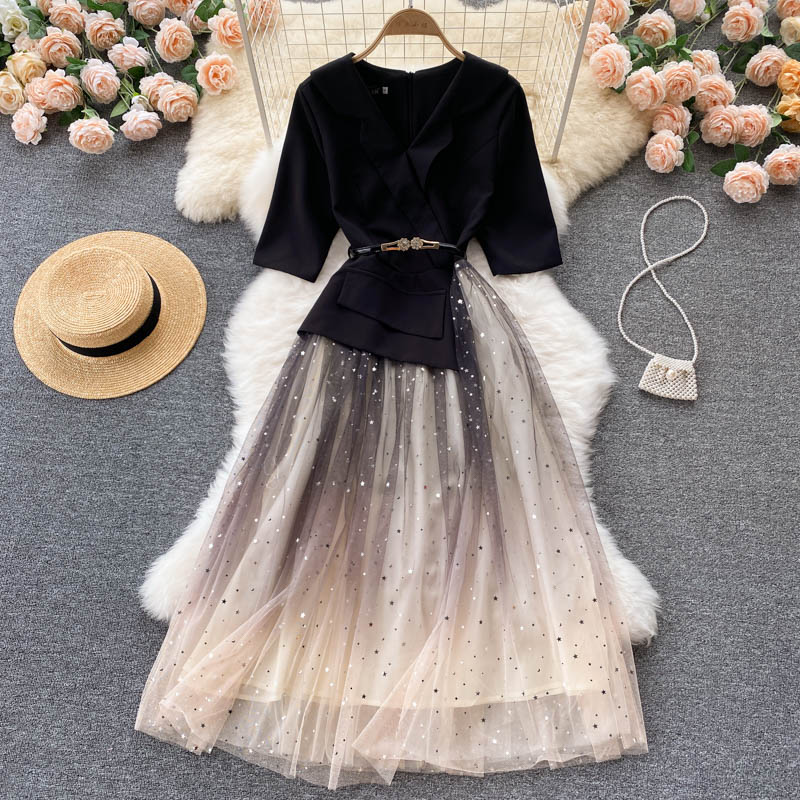 Black Patchwork Mesh Dress