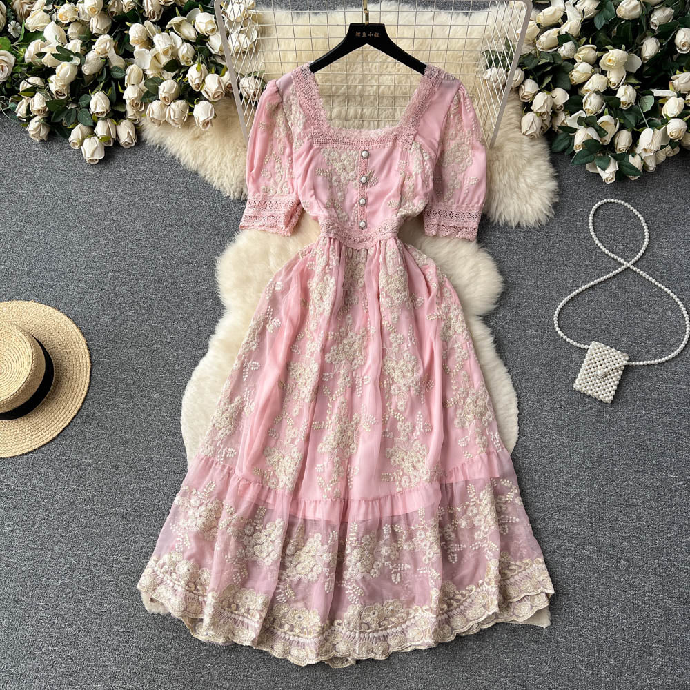 Vintage Embroidery Pink Princess Dress