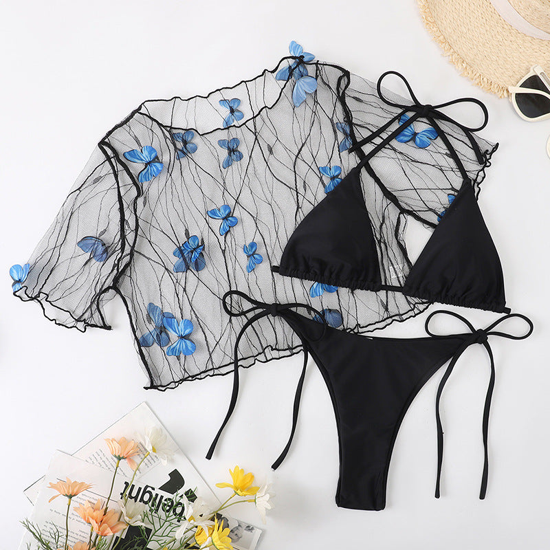 Three-piece Butterfly Pattern Mesh Bikini