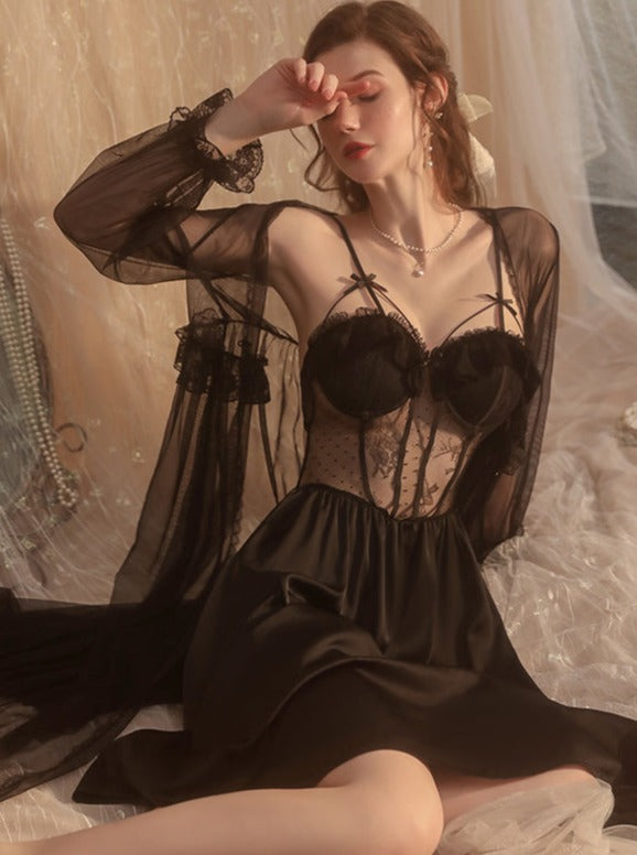 Bow-tie Lace Slip Dress&Mesh Robe