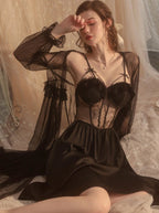 Bow-tie Lace Slip Dress&Mesh Robe