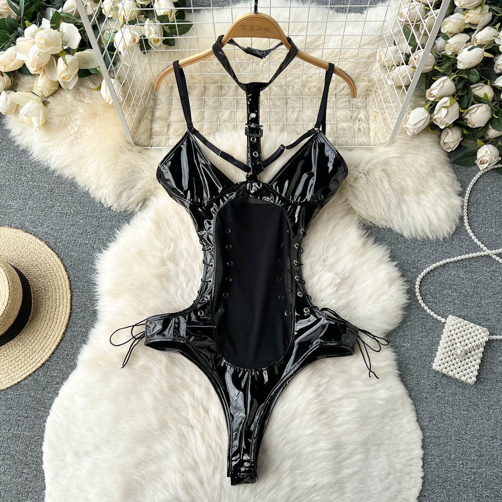 Lace-up Hollowed PU Mesh Patchwork Jumpsuit