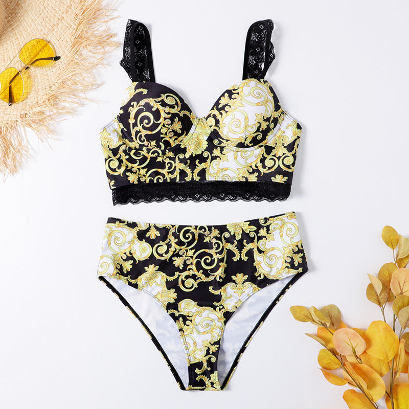 Stretch Printed Lace-trimmed Swimwear
