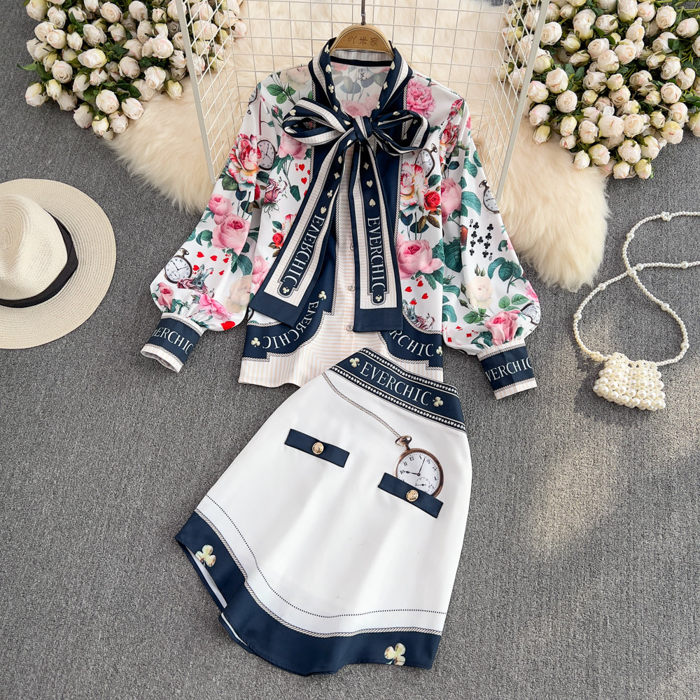 Bow Tie Chiffon Blouse&Skirt Two-piece