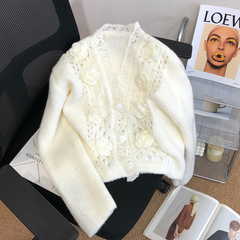 Hand Crocheted Floral White Cardigan