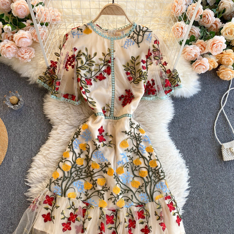 Vintage Embroidered Round Neck Dress