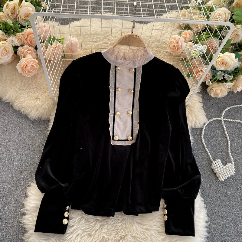 Collar Stitching Retro Velvet Sweater