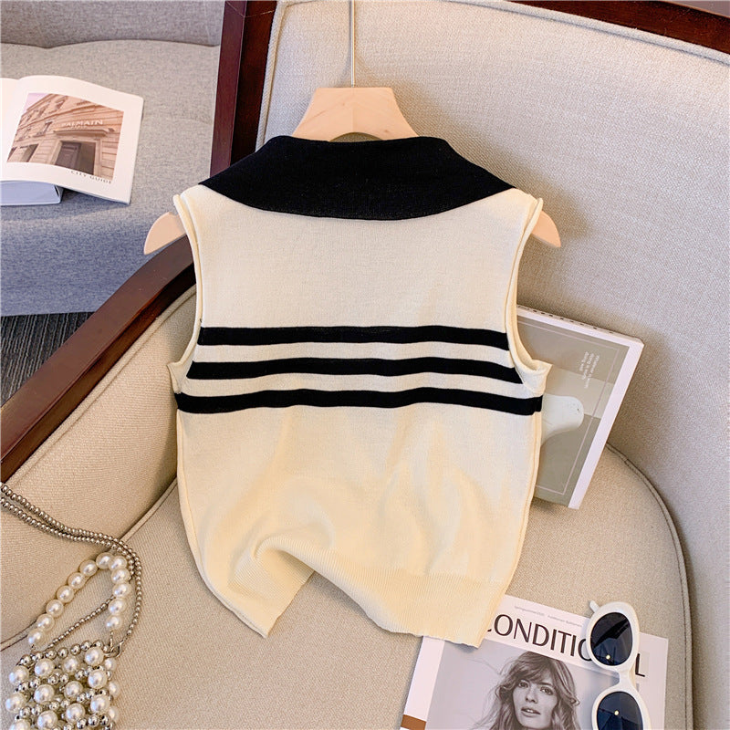 V-neck Lapeled Sleeveless Knitted Top