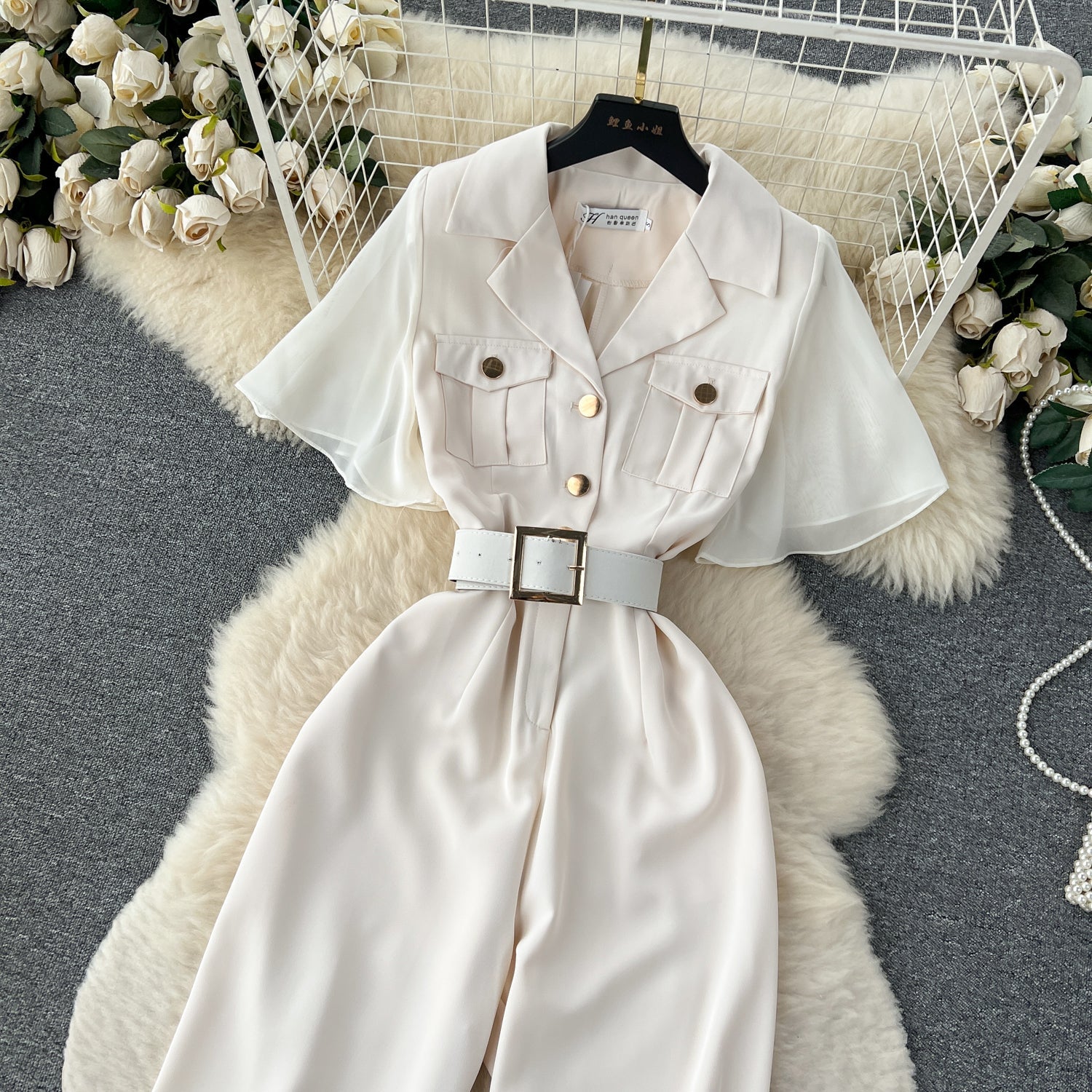 Mesh Patchwork Suit Collar Jumpsuit