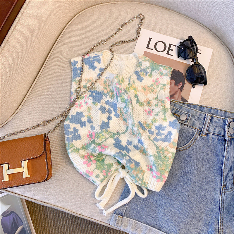 Lace-up Hollowed Floral Knitted Top
