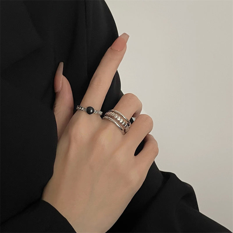 Black Rhinestone&Hollowed Rings Set