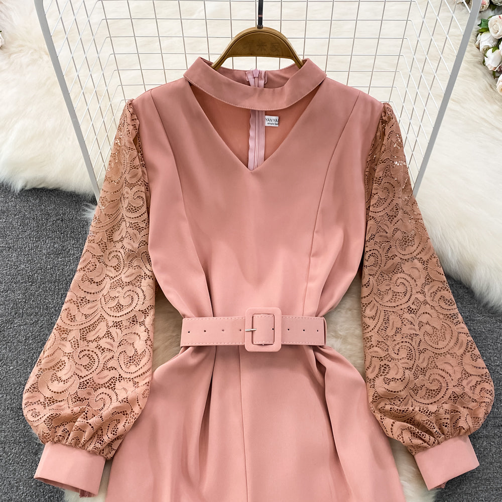 Vintage V-neck Lace Patchwork Jumpsuit