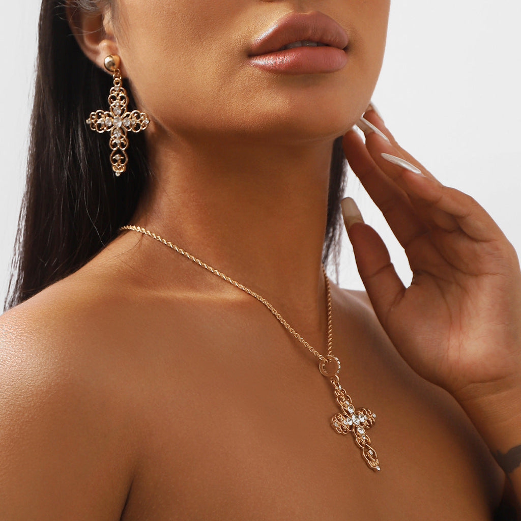 Skeletonized Rhinestone Cross Necklace&Earrings