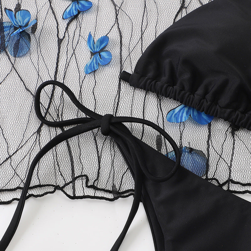 Three-piece Butterfly Pattern Mesh Bikini