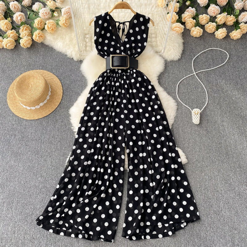 V-neck Chiffon Striped Waist Jumpsuit