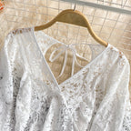V-neck Open-back Cutout Crochet Lace Shirt