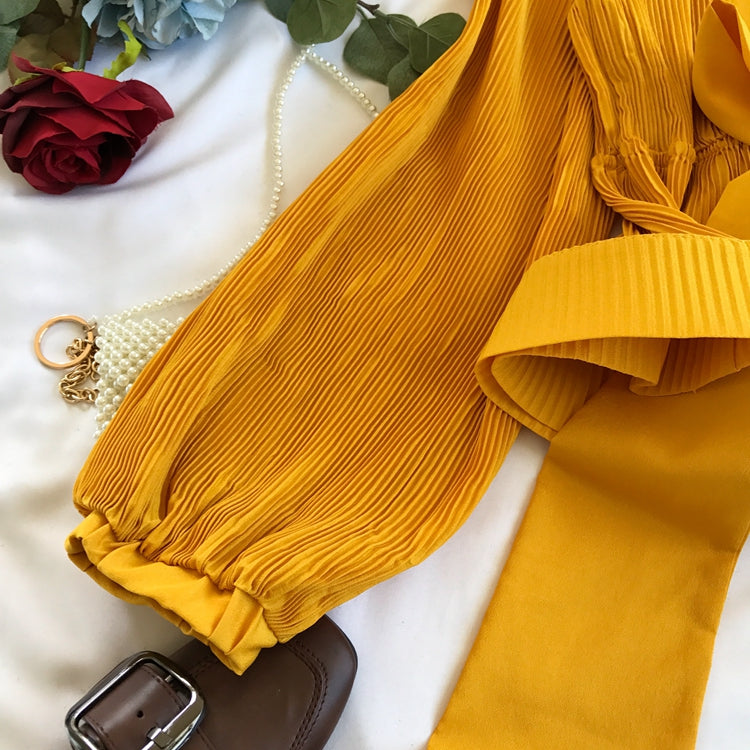 V-neck Pleated Tie Bow Ruffled Chiffon Shirt
